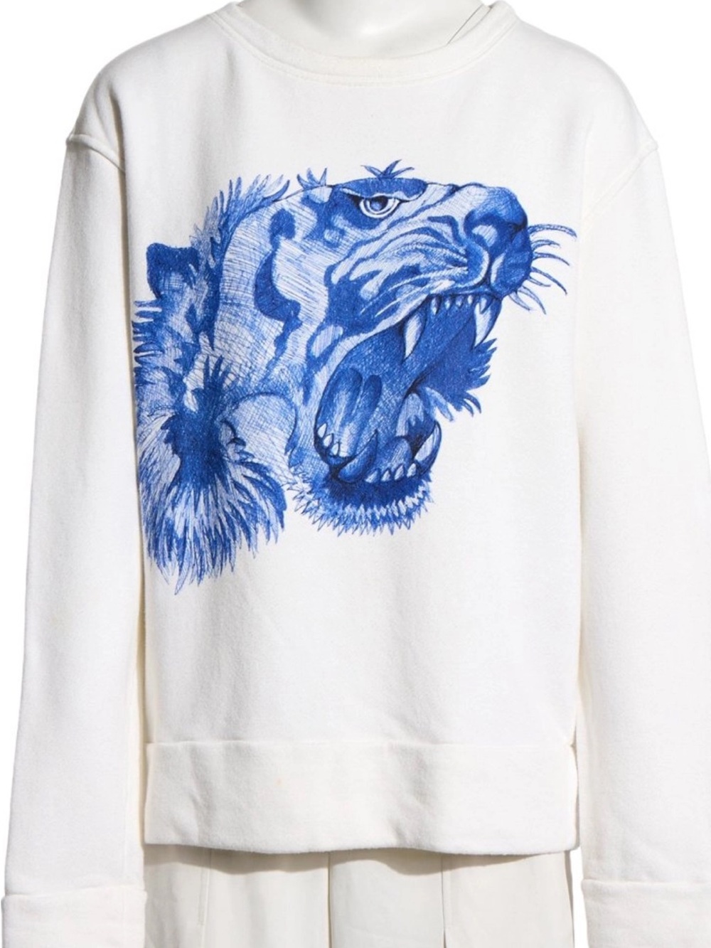 Gucci White Crewneck Sweater with Blue Tiger Head